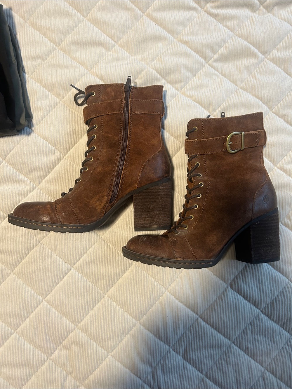 Born Brown Suede Lace-Up Block Heel Ankle Boots